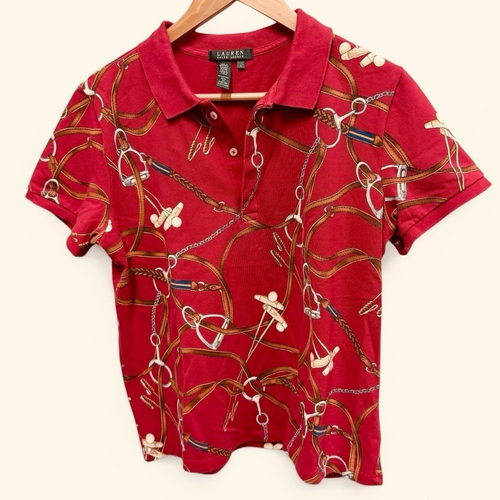 Vintage 90s Lauren Ralph Lauren Women’s All Over Equestrian Print Polo Size L